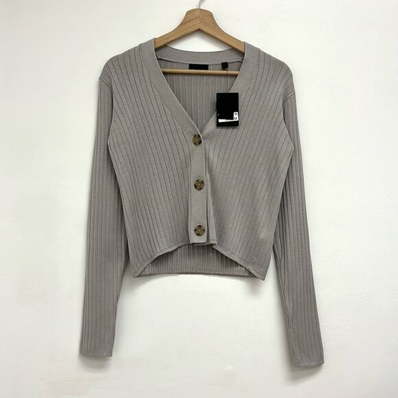 ATM Anthony Thomas Melillo Sweaters - ATM Anthony Thomas Melillo Taupe Ribbed V-Neck Cropped Cardigan